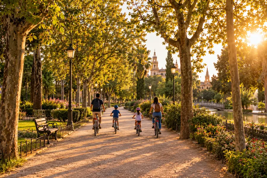 Familia paseando en bicicleta por un parque arbolado