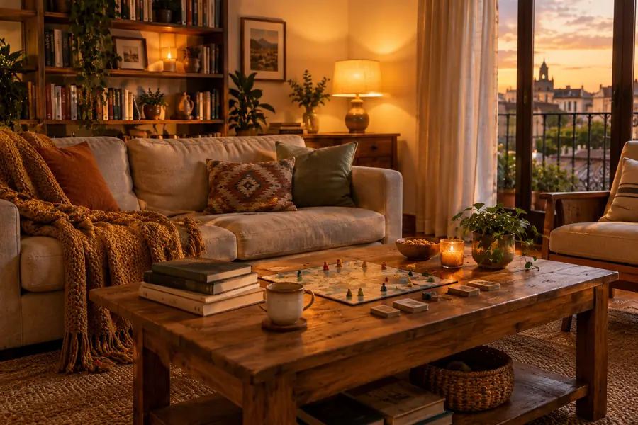 Salón acogedor con sofá, manta, libros y un juego de mesa