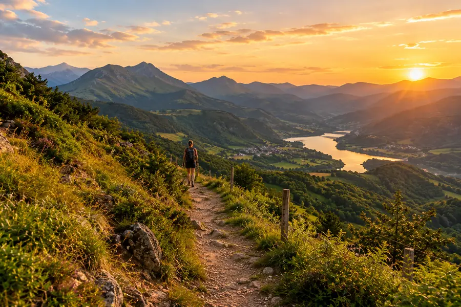 Senderista en un camino de montaña con vistas a un valle y un río al atardecer